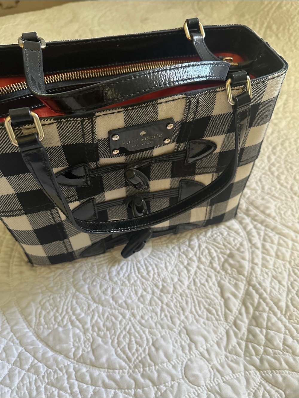 Kate Spade New York Black & Cream Plaid Tote Handbag